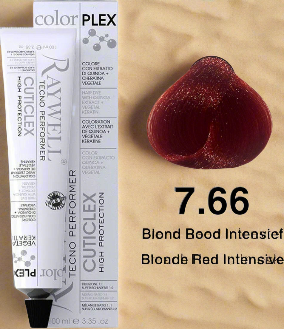 7.66 Raywell Colorplex Vegetal Keratin Hair Colour – Intense Red Copper Blonde - 100ml