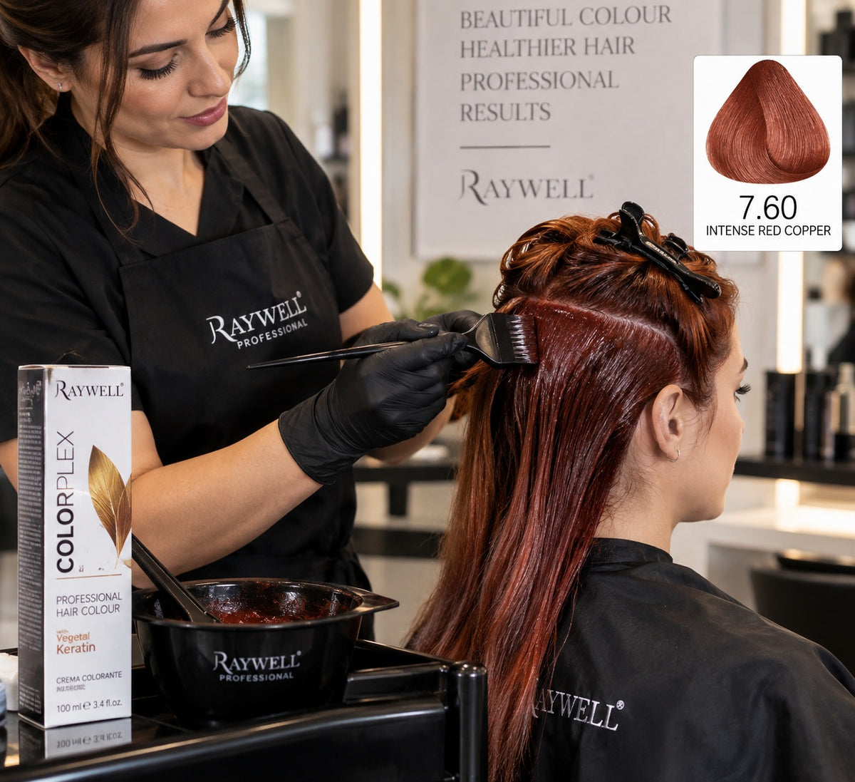 Raywell Colorplex 7.60 Intense Red Copper hair colour with vegetal keratin being applied by a professional salon stylist