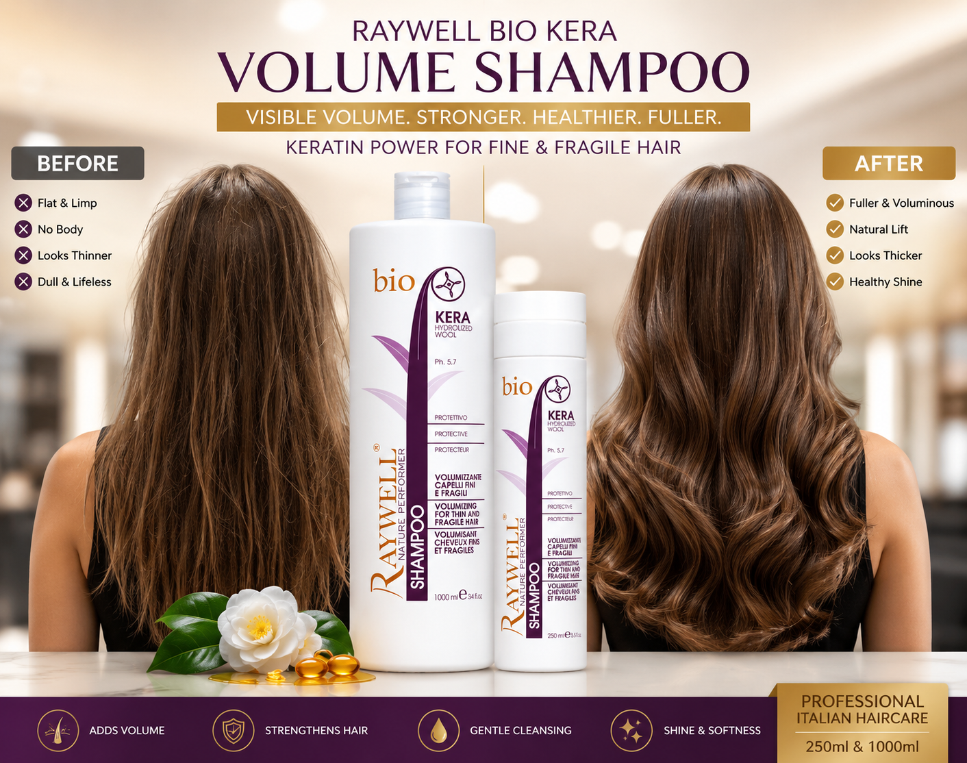 Raywell Bio Kera Volume Shampoo – Keratin Shampoo for Fine & Fragile Hair | 250ml & 1000ml