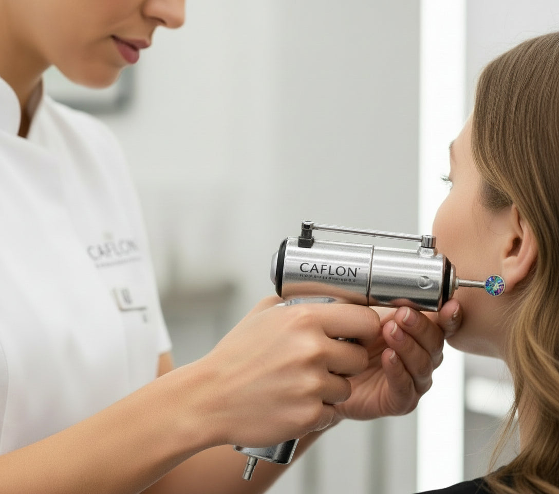 Set of colorful gemstone earrings with gold settings on a white background