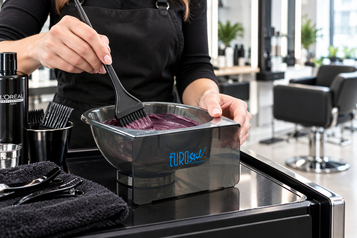 Eurostil professional hair colour mixing bowl with trolley hook for salon tint, bleach and toner