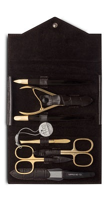 Nippes CROCO, manicure set, 7 pcs. Gold-plated instruments, leather case, crocodile embossing, dark brown
