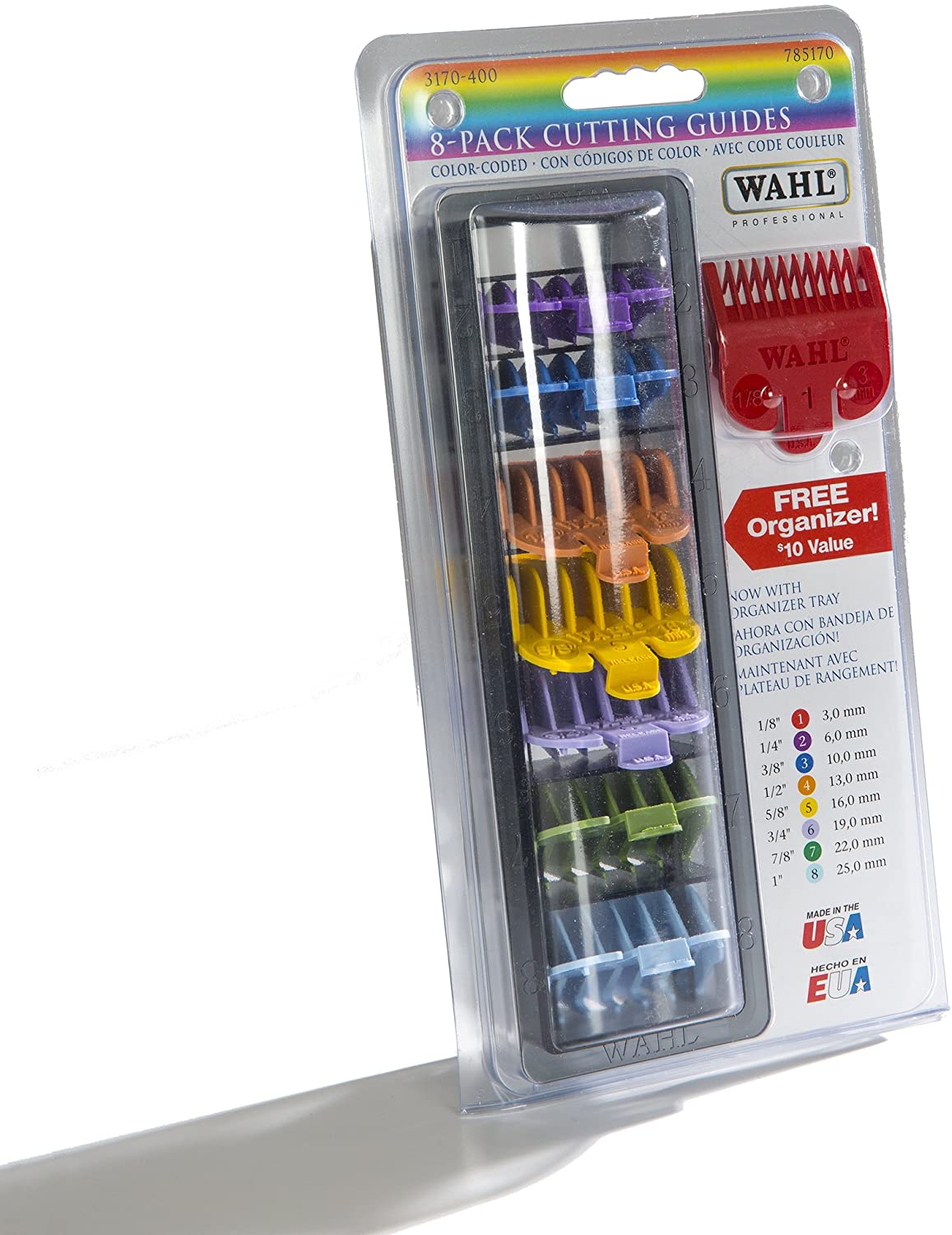 WAHL NO. 1-8 COLOUR CODED PLASTIC COMBS IN CADDY